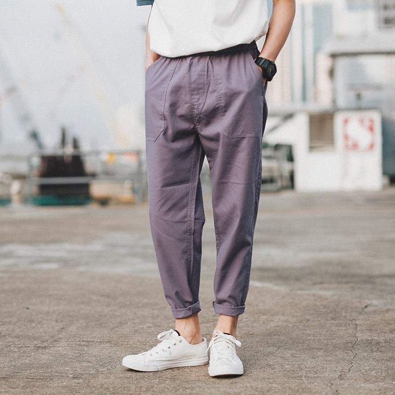 日系薄款休闲裤男士夏季宽松小脚哈伦裤帅气男生亚麻九分裤男裤子