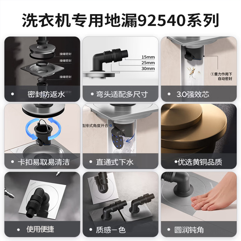 九牧(JOMOO)地漏洗衣机地漏排水地漏镍拉丝大排量淋浴地漏92540高清大图