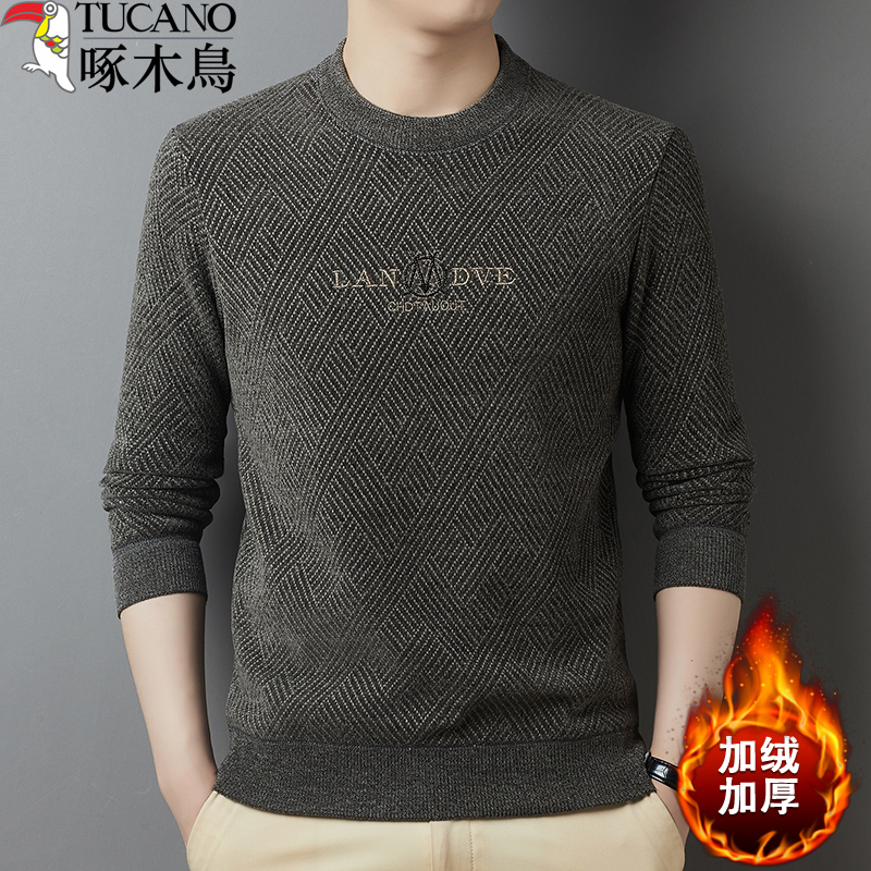 啄木鸟提花雪尼尔毛衣男秋冬加厚加绒中年打底圆领保暖卫衣一体卫高清大图