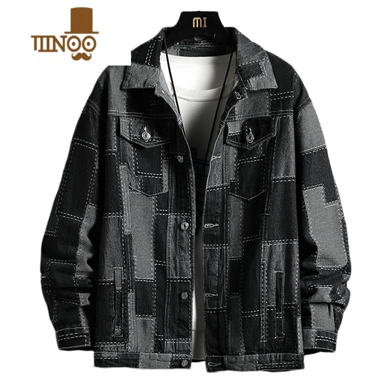 YANXU黑色牛仔外套男潮牌美式复古夹克感痞帅宽松青少年褂子高清大图