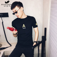 富贵鸟（FUGUINIAO）2019春夏修身针织毛线潮男装短袖精神小伙半圆领套头紧身t恤小衫