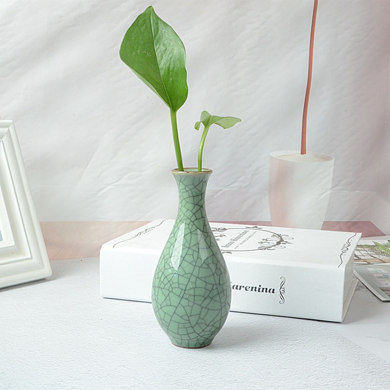 龙泉青瓷花器 家居装饰品茶道摆件陶瓷花器水培创意简约小花瓶 三维工匠 哥窰梅子青铁线高清大图