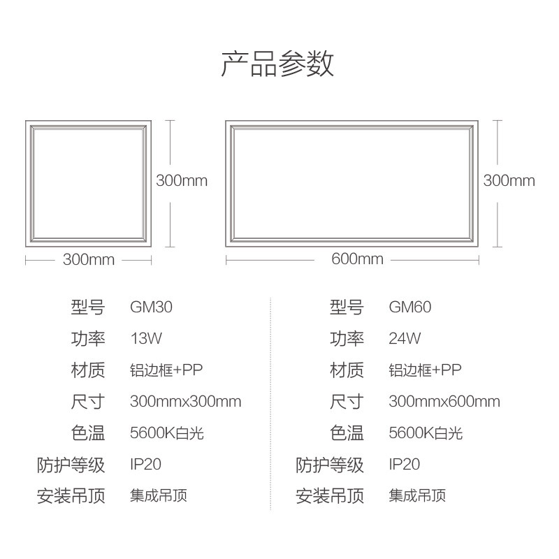 海尔(Haier)浴霸旗舰店集成吊顶式 LED照明平板灯 GM30白色300*300 LED方灯 高亮13W