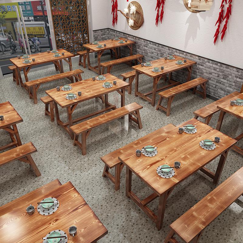 碳化实木饭店餐桌椅组合快餐店小吃餐厅餐馆烧烤面馆排档食堂桌椅高清大图