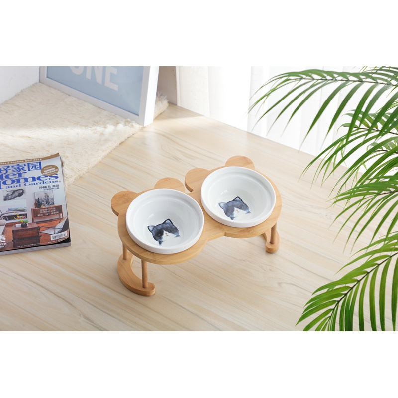 猫碗高脚猫咪喂食碗保护颈椎斜口狗碗可爱猫盆双碗陶瓷饮水宠物 可爱竹木黑八脸猫+双碗套装 猫咪/小型犬