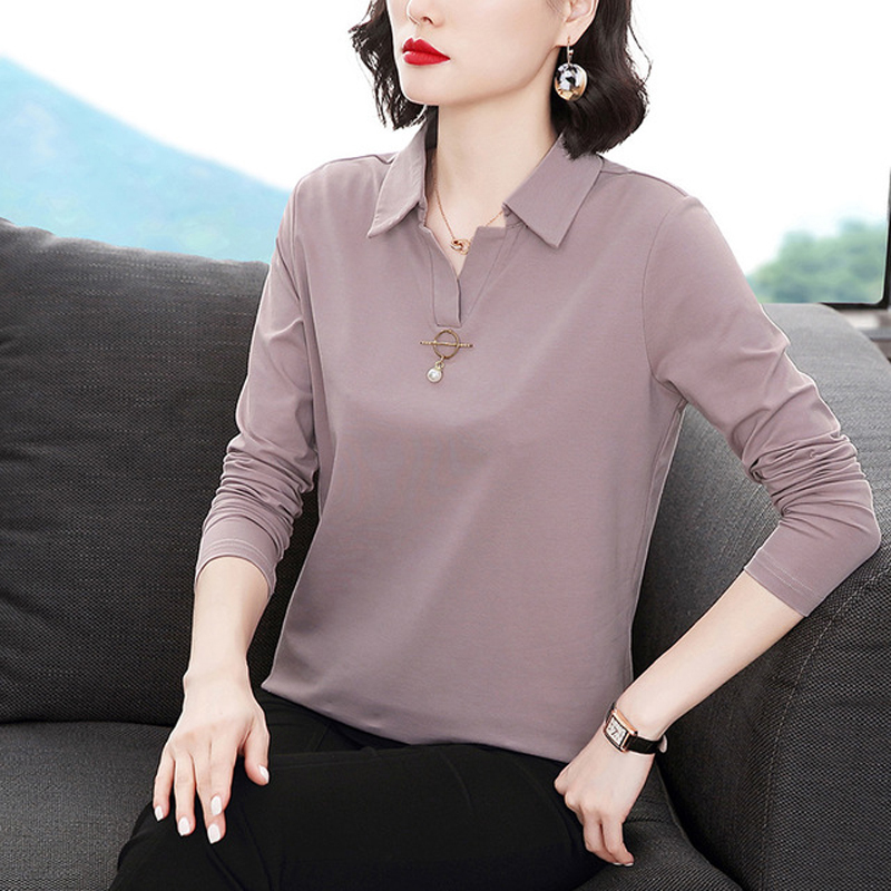 艳如飞加大码棉长袖t恤女秋衣外穿中年妈妈翻领棉中老年宽松有领t血