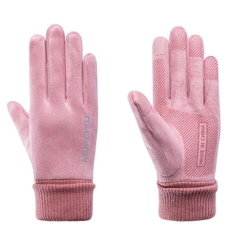 保暖韩版可爱触屏手套学生骑车骑行分指加绒加厚防水女士獭兔毛球款式