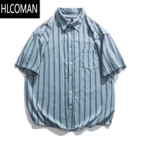 HLCOMAN日系复古cityboy条纹衬衫短袖男夏季宽松男装休闲工装衬衣外y短 XL 蓝色