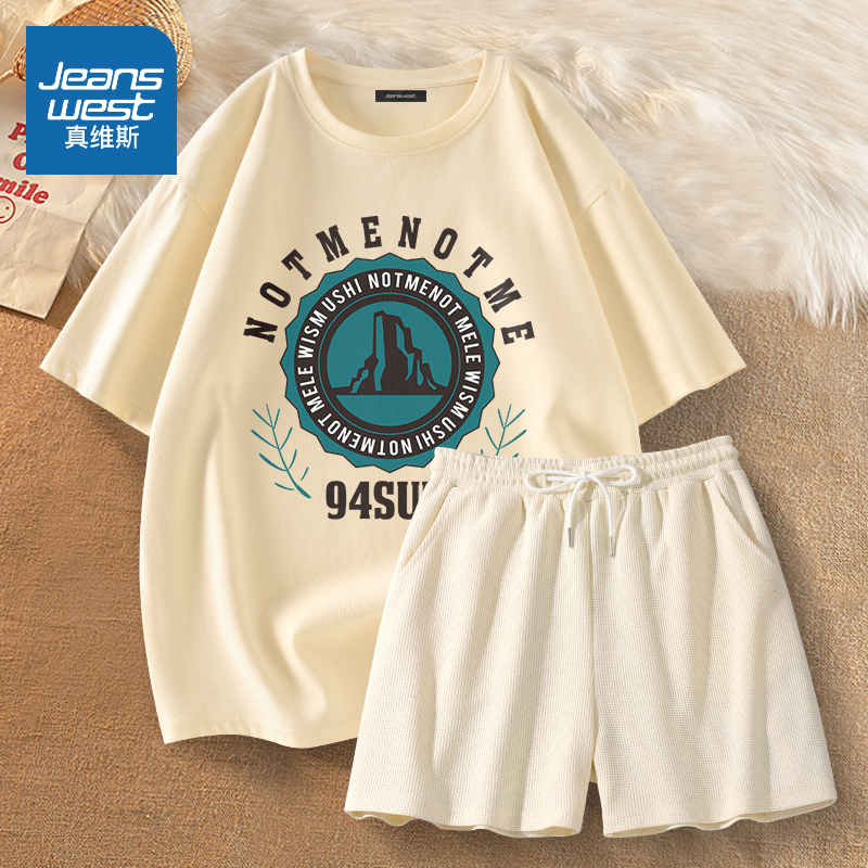 真维斯纯棉t恤女夏季外穿休闲运动套装2022新款潮流宽松短袖短裤