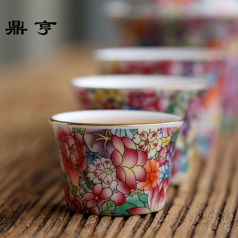 鼎亨景德镇手绘万花仿法郎彩陶瓷泡茶杯三才碗品茗杯便携功夫旅行