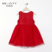 [99元3件]米喜迪mecity童装春新款女童蕾丝腰部红色连衣裙宴会礼服裙