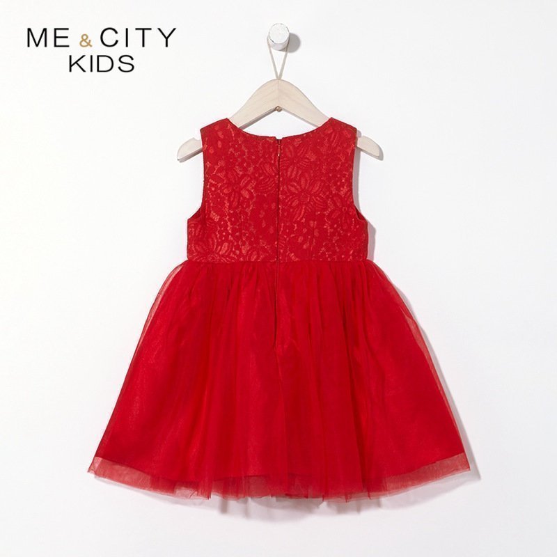 [99元3件]米喜迪mecity童装春新款女童蕾丝腰部红色连衣裙宴会礼服裙