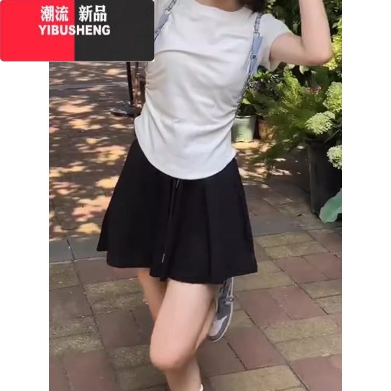 YIBUSHENG灰色阔腿短裤大码胖mm高腰a字显瘦休闲裤女小个子芭蕾风百褶a大 XL120-140斤 黑色裙裤