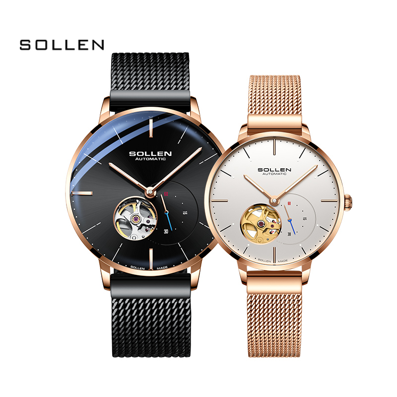 梭伦(SOLLEN)手表男女ins风简约时尚商务镂空一对情侣表自动机械表潮流女男士手表SL523高清大图