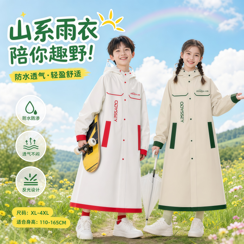正雨儿童雨衣小学生上学全身防暴雨带书包位2026新款加厚雨披9063高清大图