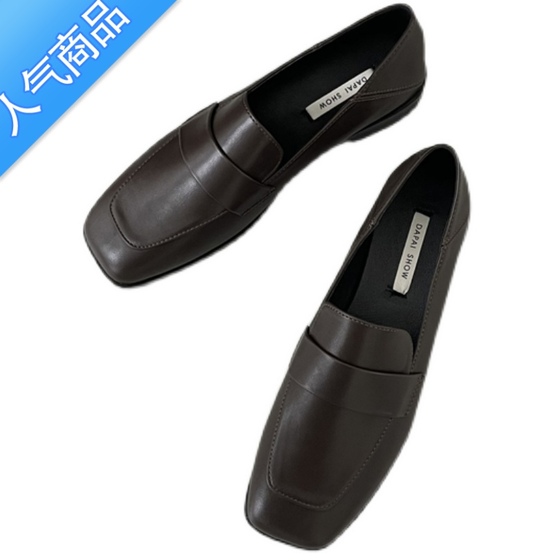 SUNTEK英伦方头百搭软皮平底小皮鞋女春秋2023新款一脚蹬乐福鞋加绒瓢鞋高清大图