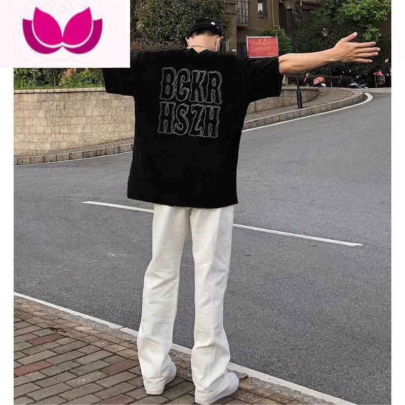 七斓美式宽松短袖t恤黑色百搭半截袖体恤潮牌圆领上衣服男生