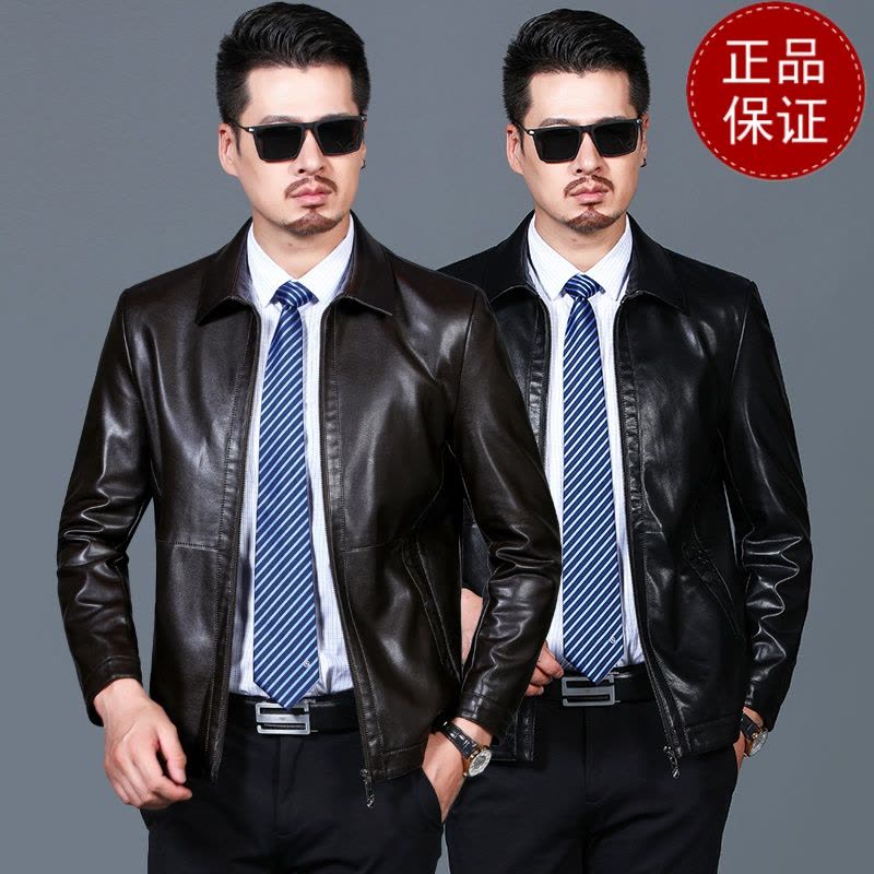 免费试穿 黑色皮衣男薄款春秋外套百搭翻领皮夹克基础款中老年爸爸装5060岁2024冬装新款外套潮海宁软皮夹克大码男装图片