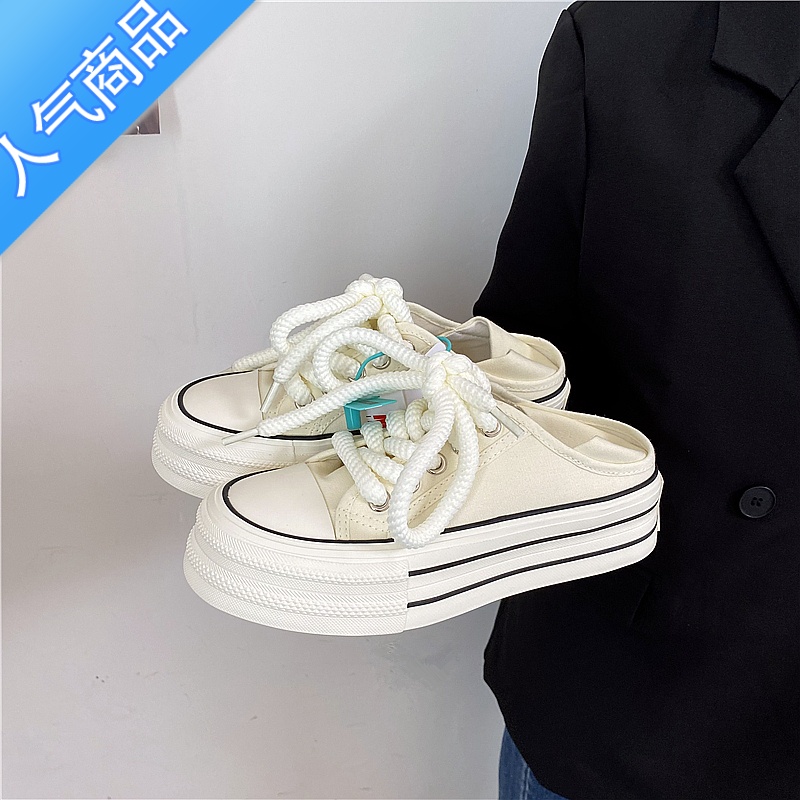 SUNTEK易少年 厚底增高半托两穿帆布鞋女ins潮超火百搭懒人一脚蹬小白鞋高清大图