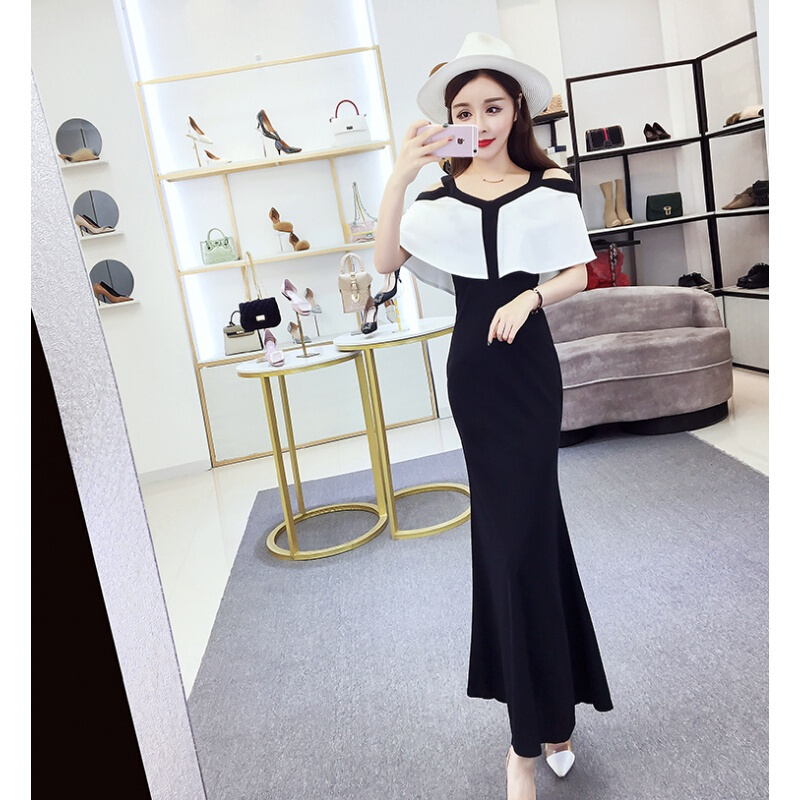 连衣裙女夏2018新款时尚修身收腰显瘦长裙仙复古露肩晚礼服带裙白拼黑
