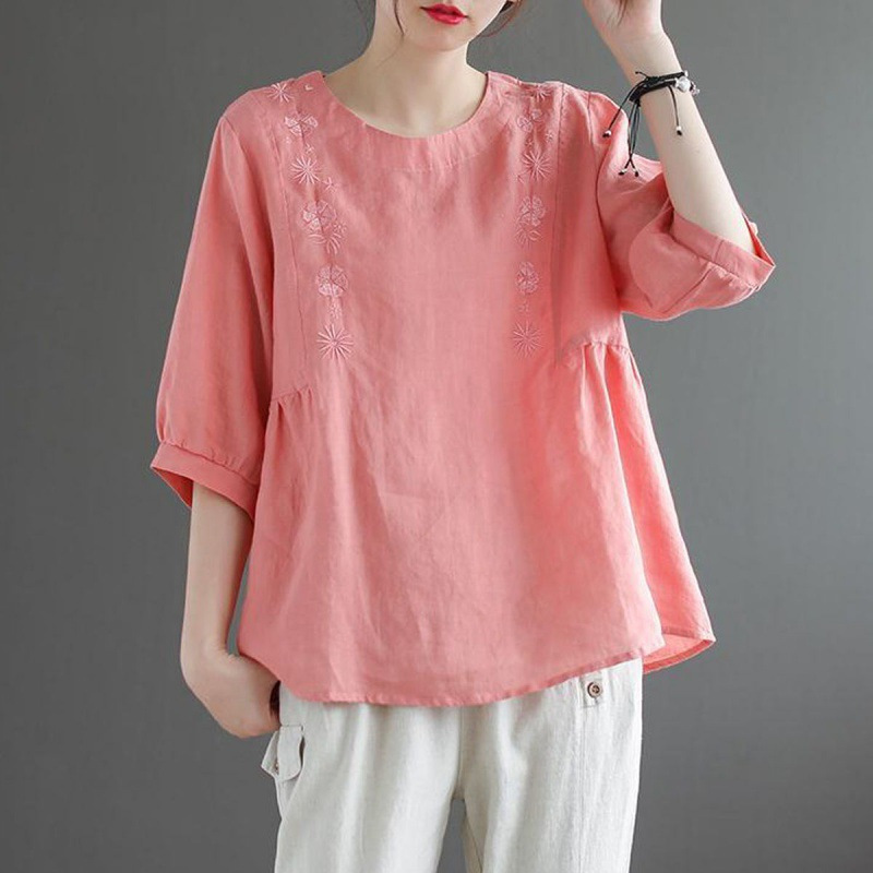 夏新款复古宽松棉麻大码圆领刺绣七分袖上衣t恤女视频