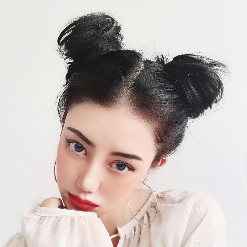 双丸子头卷发圈假发女花苞头盘发器减龄蓬松自然皮筋抓夹假发包自然黑