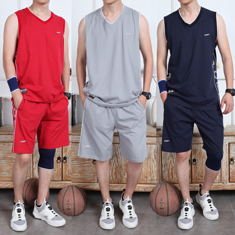 篮球服套装男夏季棉质运动短裤套装v领背心男士球衣跑步休闲套装i3