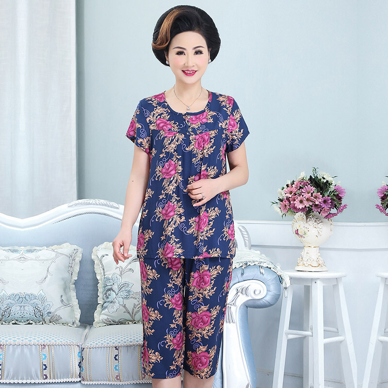 中老年睡衣女装夏季短袖绵绸套装薄款夏天奶奶老人妈妈棉绸家居服