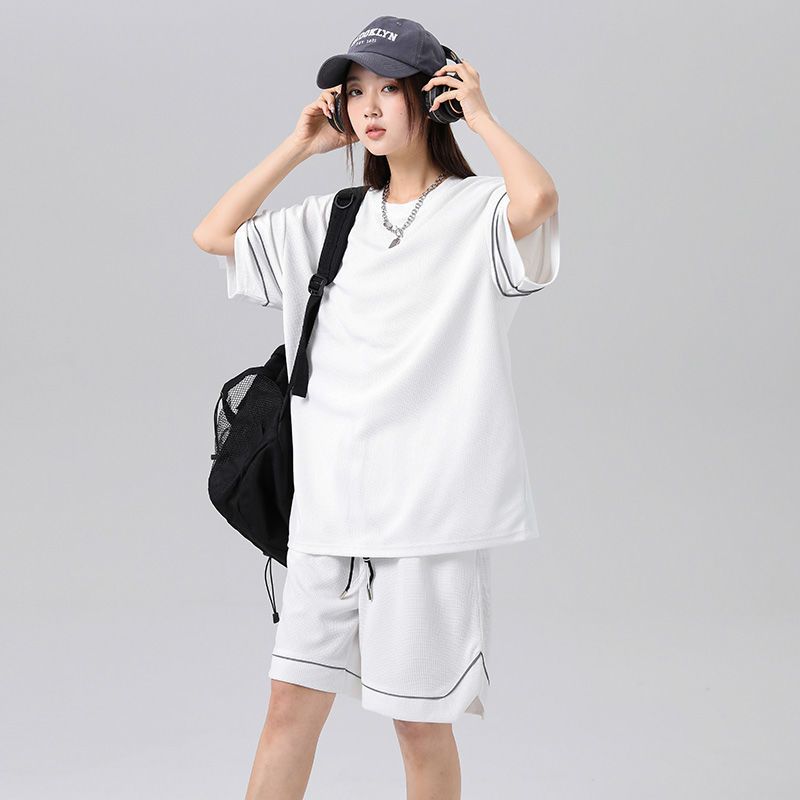 真维斯短裤两件套2022新款女士减龄宽松休闲运动服套装短袖夏季潮