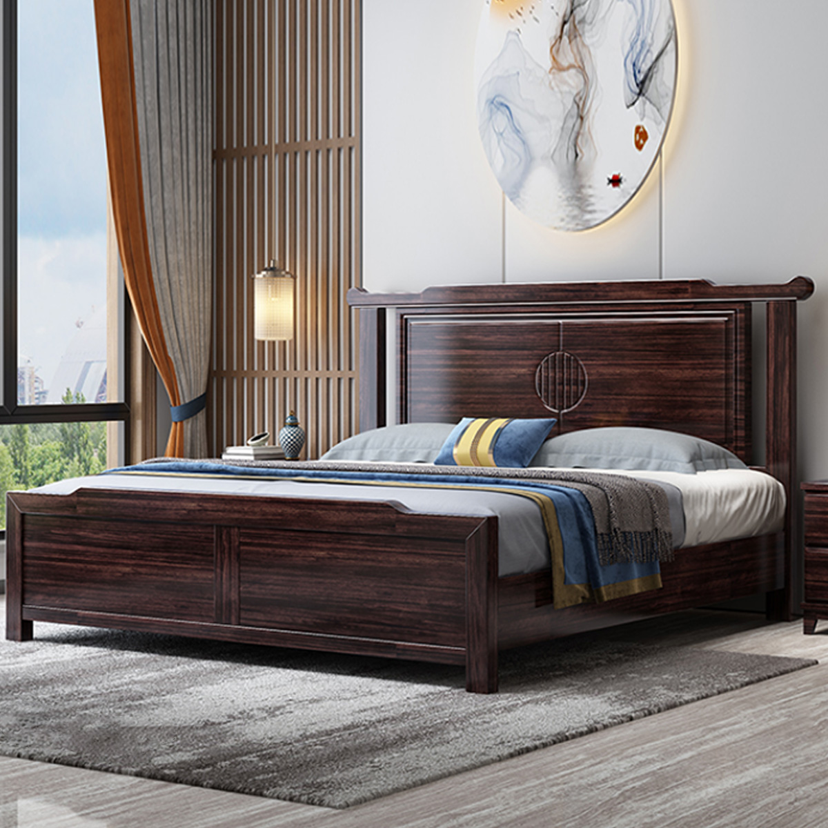 采百木(caibaimu)紫金檀木全实木双人床新中式主卧室家具1.