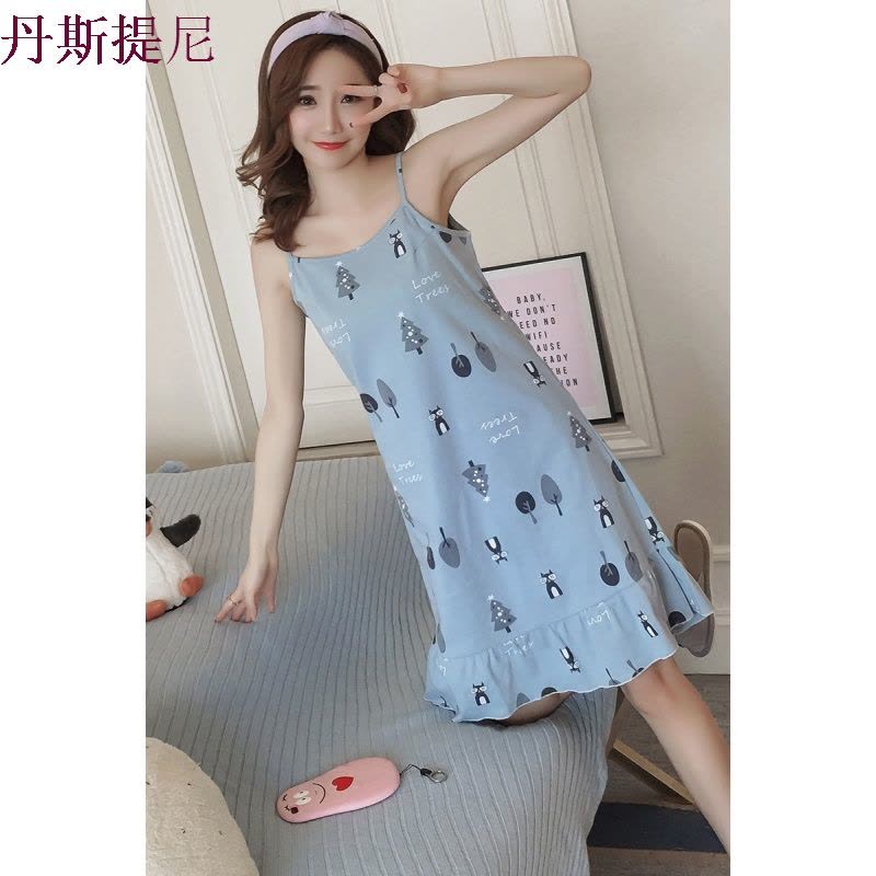 2018新款带睡裙女夏纯棉少女睡衣秋夏无袖中款裙韩版可爱家居服图片