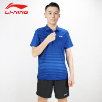 李宁LI-NING2018年条纹情侣款运动翻领针织短装夏季舒适休闲运动服