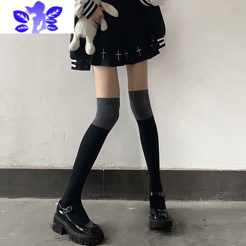 ideamini拼色女春秋款中筒黑灰拼接长筒过膝半腿黑色小腿袜丝袜