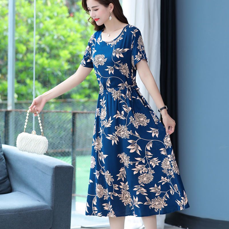 妈妈夏季棉绸过膝连衣裙中老年女装短袖口袋中长款大码宽松碎花裙威珺