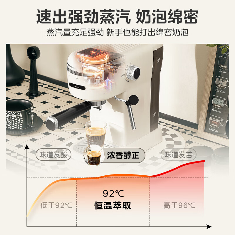美的半自动家用咖啡机MA-KFE07意式咖啡机用1.08升大水箱半自动迷你一体浓缩奶泡机