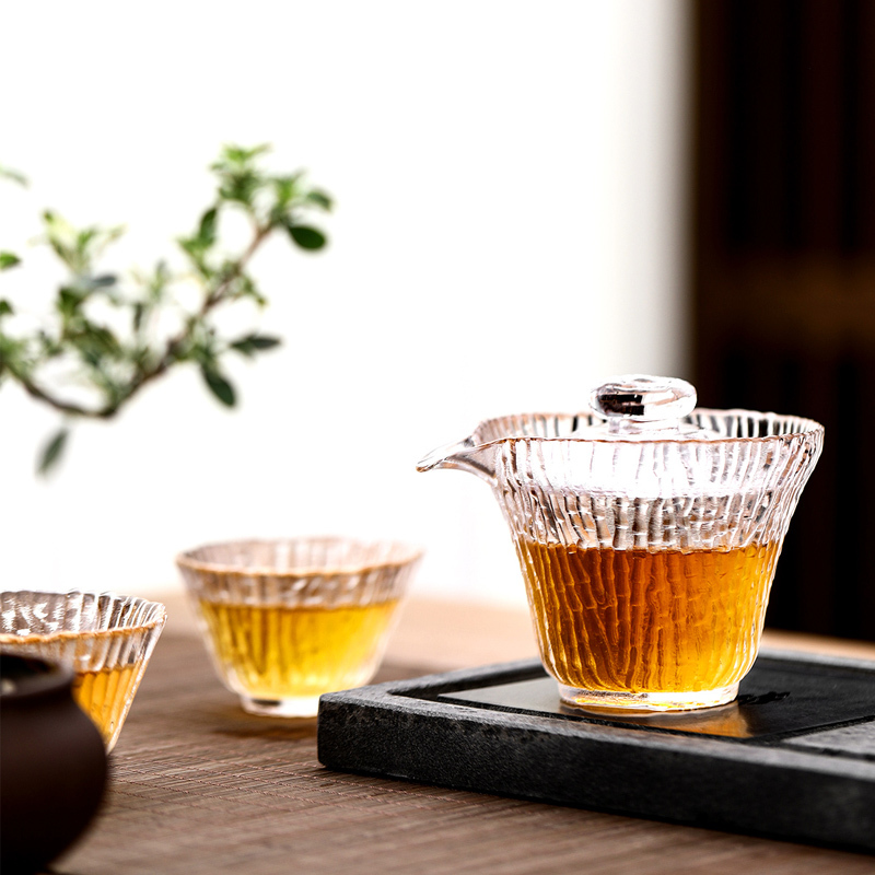 领艺日式玻璃功夫茶具套装加厚耐热透明茶杯家用办公室用喝茶泡茶 玻璃竹节茶具套装8头