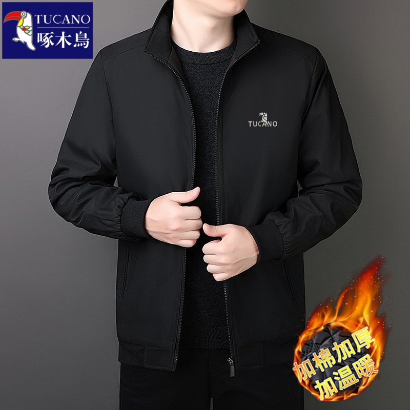 啄木鸟秋冬季夹克男士加绒加厚抗寒立领中老年大码宽松爸爸装外爸 3XL150-165斤 9985黑色夹棉加厚