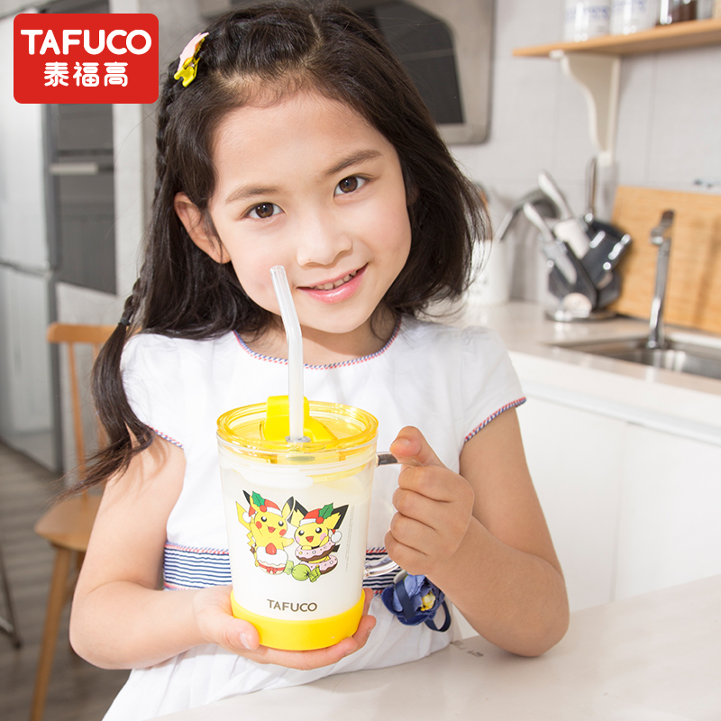 日本泰福高(TAFUCO)宝可梦皮卡丘耐热玻璃杯喝水杯大容量手柄杯牛奶杯马克杯饮水杯带盖水杯