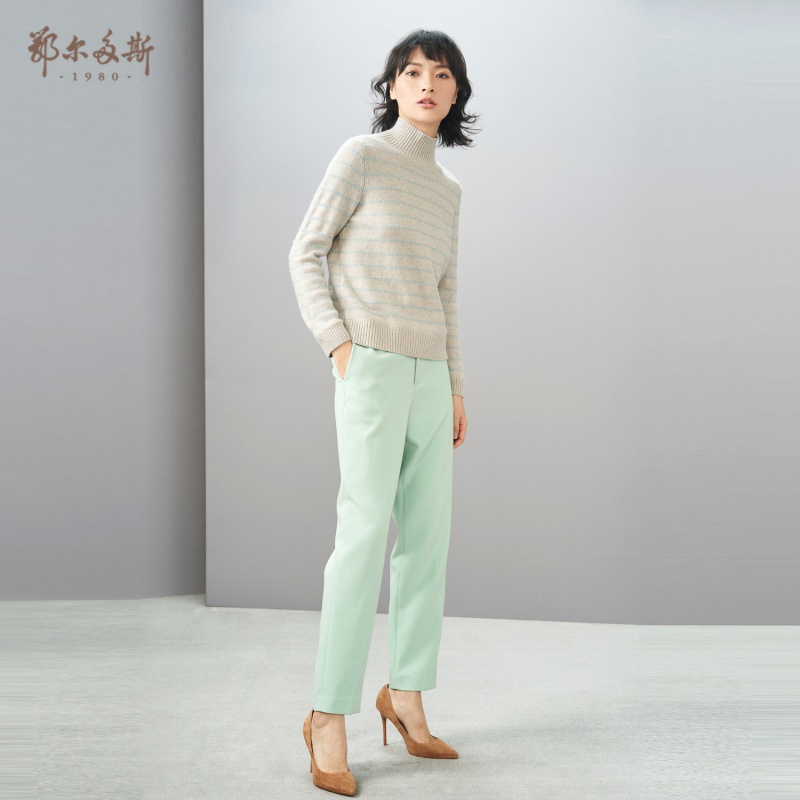 鄂尔多斯1980 半高领条纹女士羊绒衫针织衫纯羊绒修身