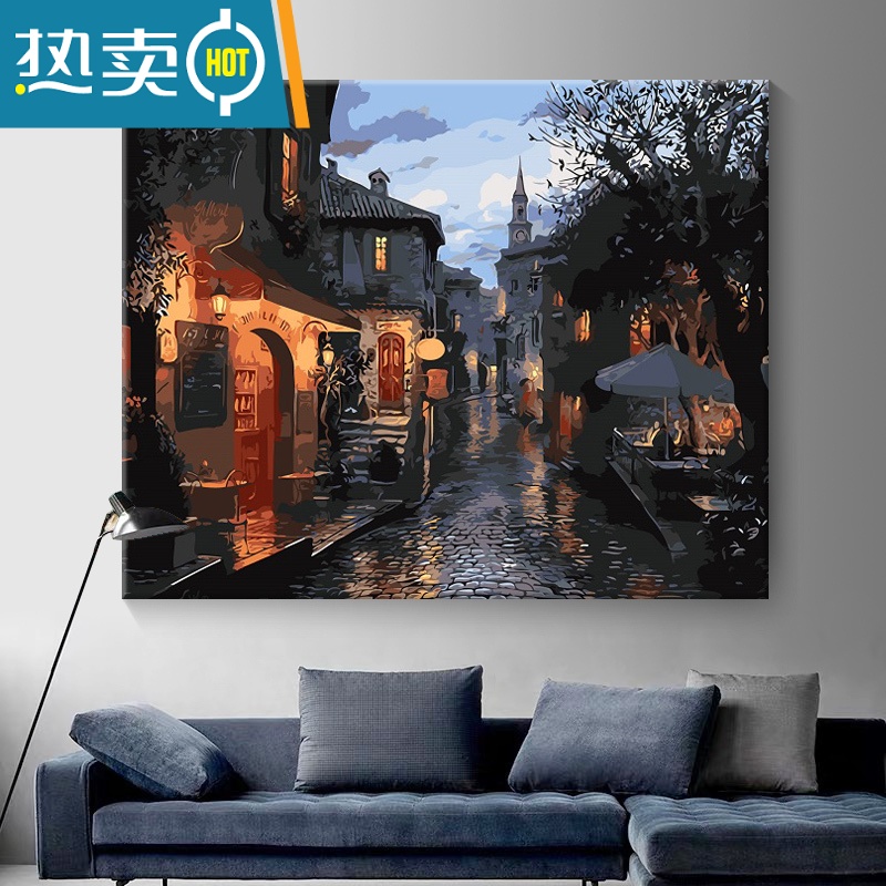 敬平数字油画diy填充填色油彩画手工风景装饰画大小尺寸丙烯画画装饰画 夜色暮霭小镇 100120cm自己组合内框6支画笔+高亮环保颜料+油画布
