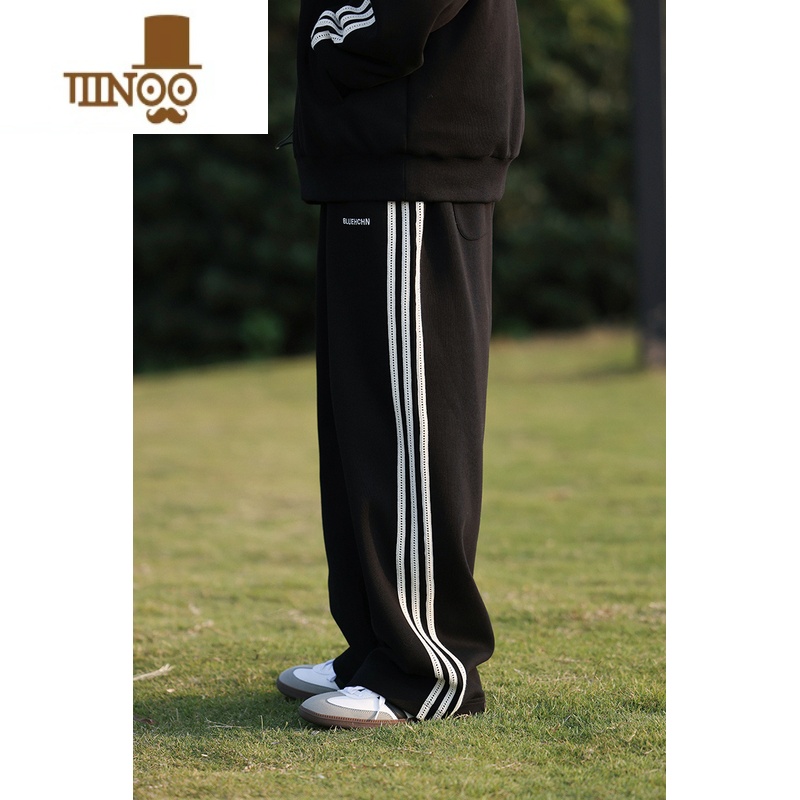 YANXU直筒运动裤男女宽松夏季百搭日系条纹卫裤复古潮牌三条杠休闲长裤高清大图