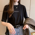 韩版夏季宽松圆领短袖T恤女字母印花女式上衣学生打底衫女装_2 M 黑色