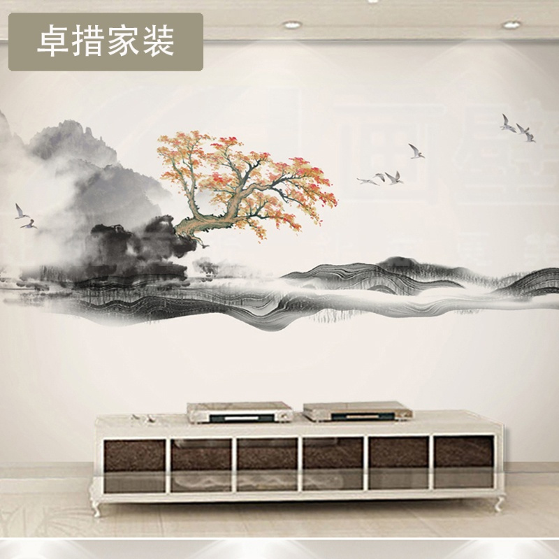 新中式墙纸客厅影视墙水墨山水装饰画中国风禅意山水画墙布壹德壹