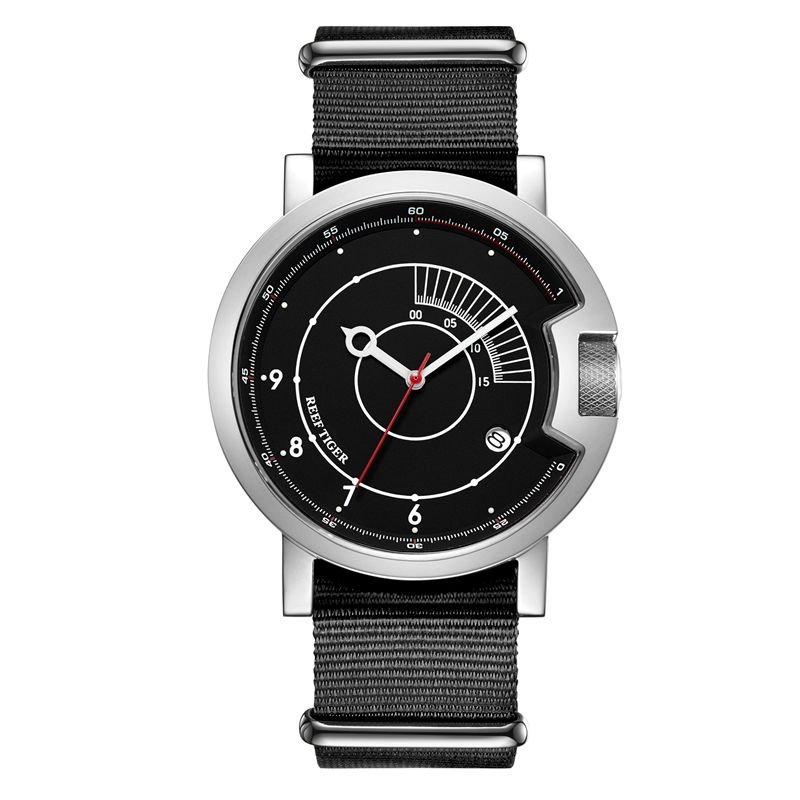 瑞夫泰格REEF RIGER正品手表户外男士创意全自动机械表男表尼龙带防水时尚潮流简约日历腕表RGA9035 白壳黑面黑带