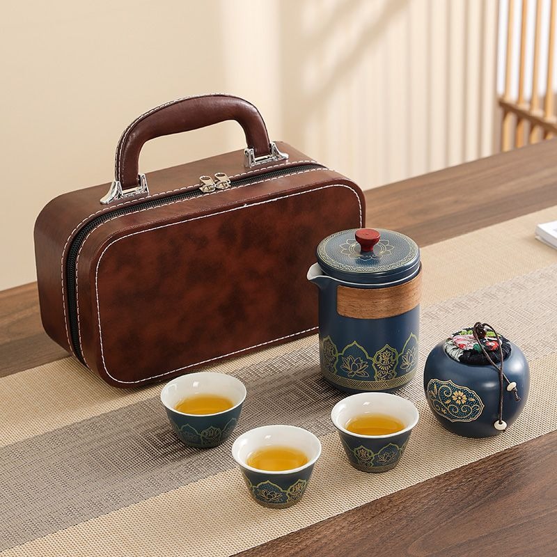 华普思旅行茶具套装 户外便携陶瓷快客杯霁蓝【茶韵】一壶三杯+罐+棕皮包