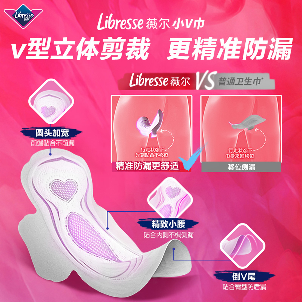 [买1送1]Libresse薇尔舒适V感棉柔卫生巾日夜护垫组合8包100片医护级V型贴合精准防漏极薄亲肤卫生巾姨妈巾高清大图