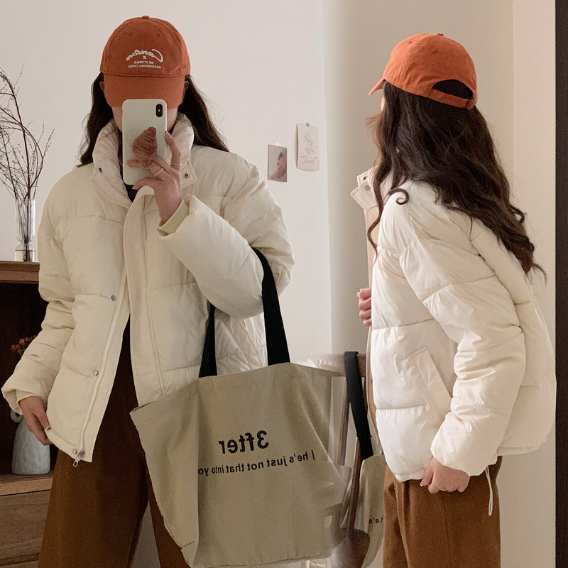 羽绒棉衣棉服女新款冬季韩版黑色小个子加绒短款立领面包服外套女 白色 M