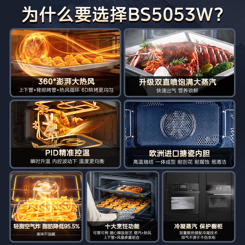 美的（Midea）蒸烤箱一体机嵌入式家用蒸烤箱55L大容量蒸烤一体机 APP智控搪瓷内胆蒸箱烤箱蒸烤炸三合一BS5053
