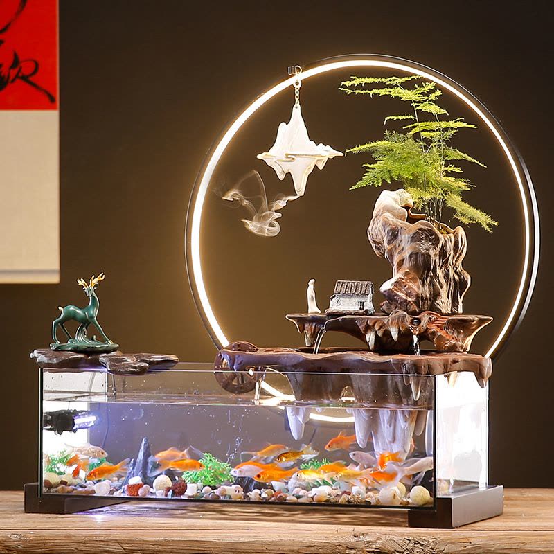 创意免换水生态玻璃鱼缸造景假山流水摆件循环水客厅办公室装饰品图片