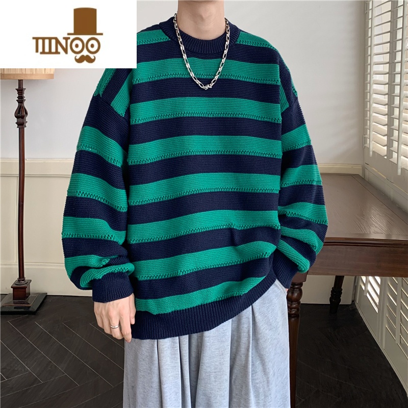 YANXU条纹毛衣男款慵懒风感潮牌宽松休闲圆领打底针织衫上衣高清大图